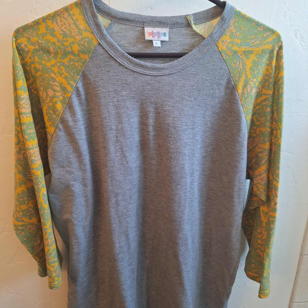 LuLaRoe Gray, Yellow, and Green Randy Top